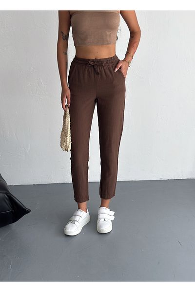 solena sln Women's Brown Tie Waist Narrow Leg Linen Carrot Pants with Pockets