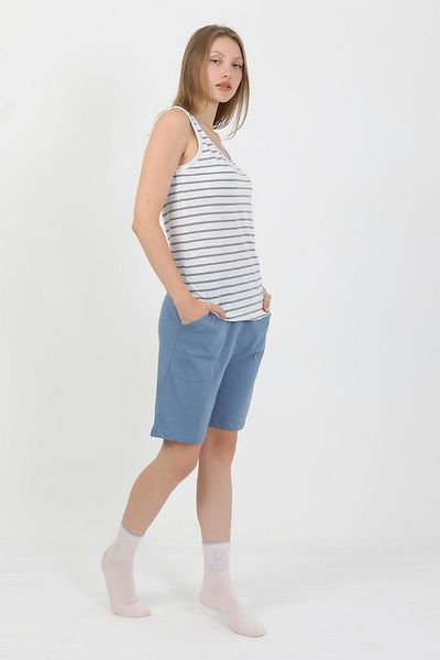 Akbeniz Set pantaloni scurți din bumbac pieptănat cu bretele groase pentru femei Albastru 3637