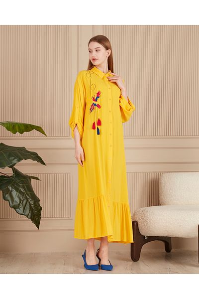 EL jadida Women's Embroidered Buttoned Plus Size Viscose Long Dress Yellow