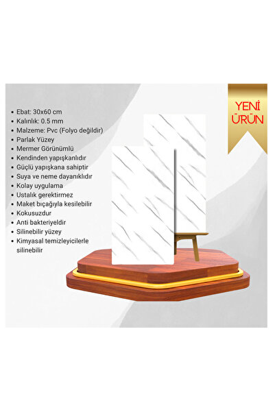 UKAB DEKOR Kendinden Yapışkanlı Mermer Desenli Pvc Karo Panel 30X60 Cm (0,18m...