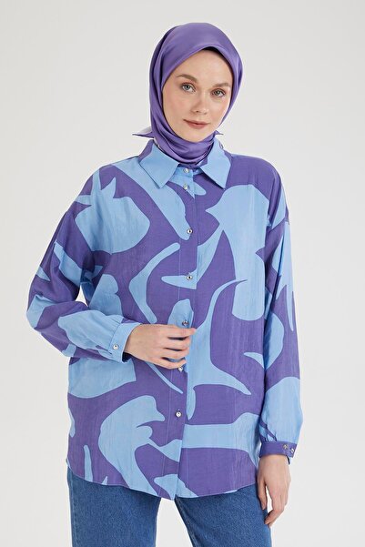 Armine Trend Shirt Collar Buttoned Basic Tunic-Blue 25Yt487