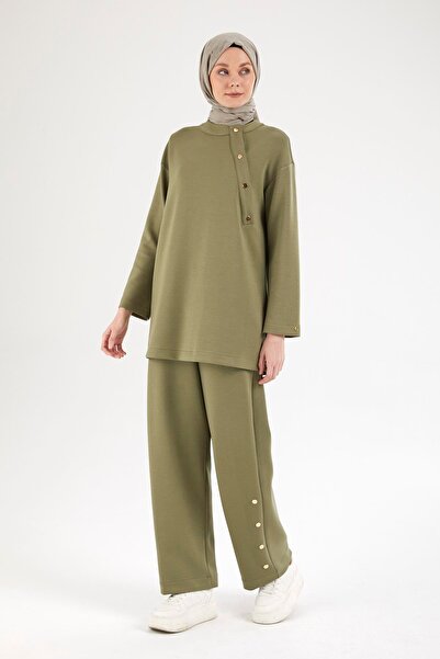 Armine Trend Collar Button Detailed Trousers Double Suit-Khaki 25Yt615