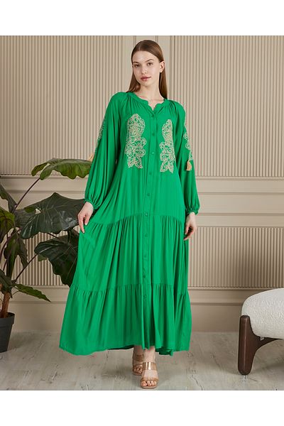 EL jadida Women's Embroidered Buttoned Plus Size Viscose Long Dress Green