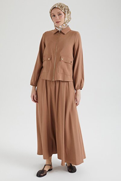 Armine Trend Elastic Sleeves Front Pocket Skirt Elastic Waist Double Suit-Brown 25Yt622