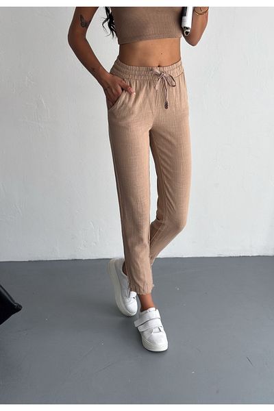 solena sln Women's Camel Waist Tie Tight Leg Linen Carrot Trousers with Pockets