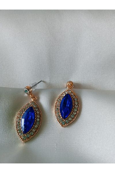 Pervin Ablacım Steel Earrings in the Form of a Shuttle with a Blue Stone Are Handmade