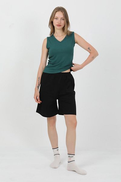 Akbeniz Set pantaloni scurți din bumbac pieptănat cu bretele groase pentru femei, verde 3636