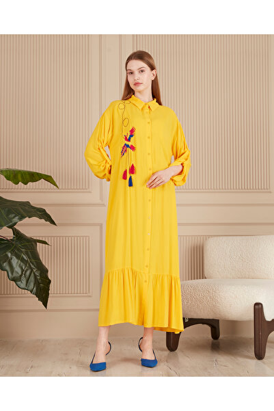 EL jadida Kadın Nakışlı Düğmeli Büyük Beden Viskon Uzun Elbise Sarı