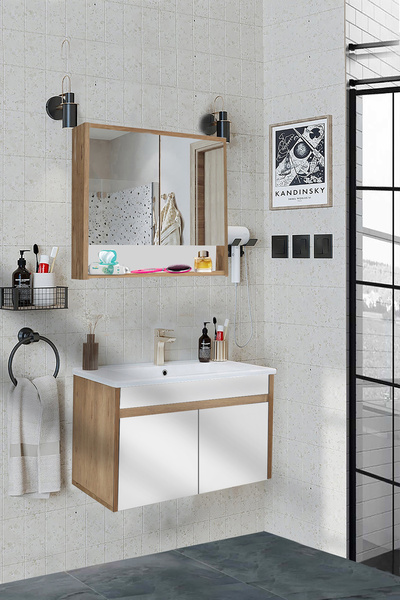 Alfa Banyo Seren-B-EA 80 cm Seramik Lavabolu banyo dolabı takımı Komple MDF, Hazır kurulu