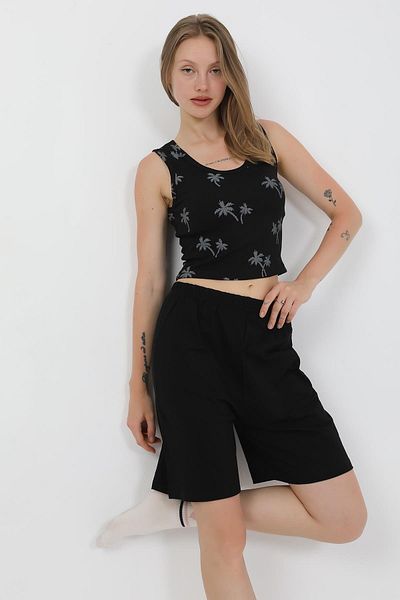Akbeniz Set de damă din bumbac pieptănat cu bretele groase, pantaloni scurți, negru 3636