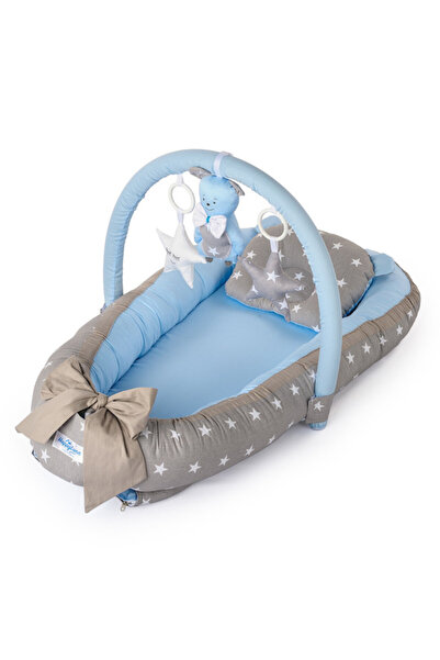 Evelise Pătuț standard Baby Nest, HappyLuna, cu pernă, albastru cu gri