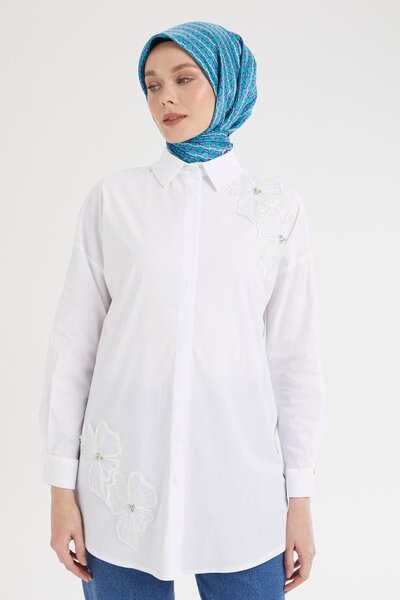 Armine TREND Gömlek Yaka Çiçek Taş Desenli Tunik-Ekru 25YT312