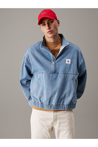 Calvin Klein Men Denim Light Blue Relaxed Denim Half Zip Jacket