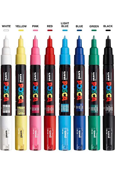Uni Posca Set of 8 Uni Posca Mitsubishi Markers, PC-1M, Fine Tip Pen, Multicolor