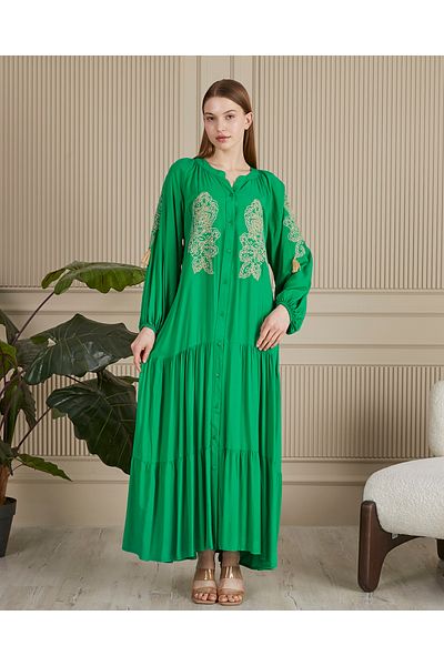 EL jadida Women's Embroidered Buttoned Plus Size Viscose Long Dress Green