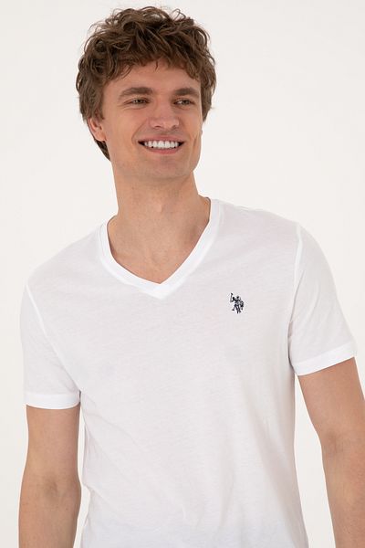 U.S. Polo Assn. Tricou de bază alb cu decolteu în V pentru bărbați 50297985-VR013