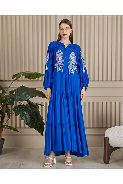 EL jadida Women's Embroidered Buttoned Plus Size Viscose Long Dress Saks Blue