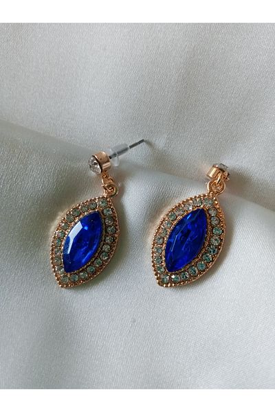 Pervin Ablacım Steel Earrings in the Form of a Shuttle with a Blue Stone Are Handmade