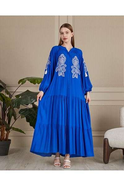 EL jadida Women's Embroidered Buttoned Plus Size Viscose Long Dress Saks Blue