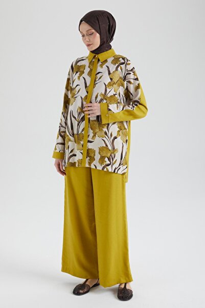 Armine Trend Shirt Collar Floral Patterned Trousers Double Set-Oil Green 25Yt676