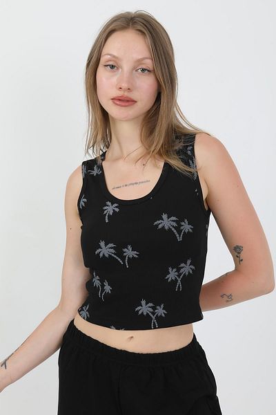 Akbeniz Set de damă din bumbac pieptănat cu bretele groase, pantaloni scurți, negru 3636
