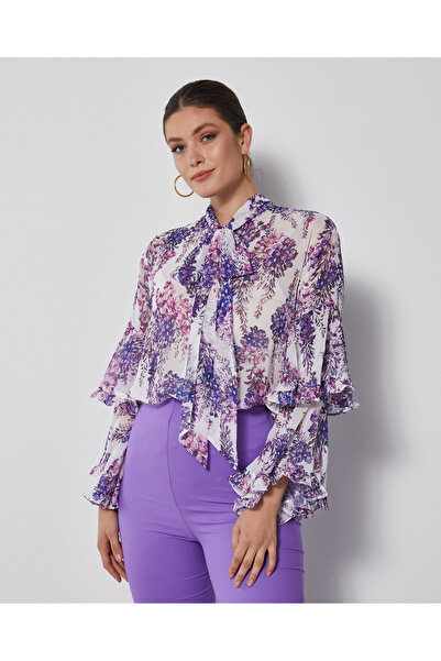 SERPİL Çiçek Desenli Kadın Gömlek - Fular Yaka - Kat Kat Kol Tasarımlı Gömlek