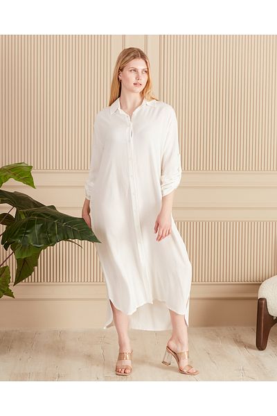 EL jadida Women's Embroidered Buttoned Plus Size Viscose Long Dress White