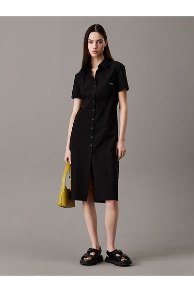 Calvin Klein Women Black Seersucker Button-Through Dress