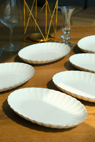 Kütahya Porselen Bone Luz Gold Mesh Boat Plate 24X17Cm Bnlzf24Ky20 6 Pcs