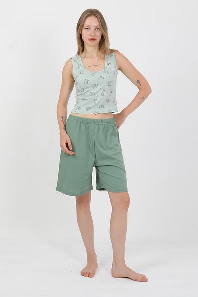 Akbeniz Costum crop de damă din bumbac pieptănat cu bretele groase, verde apă 3636