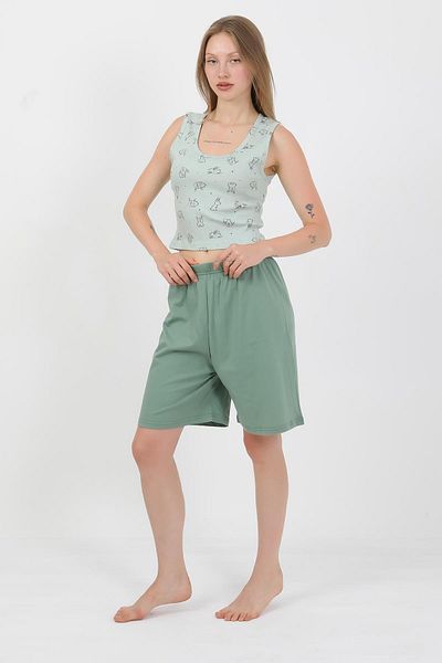 Akbeniz Costum crop de damă din bumbac pieptănat cu bretele groase, verde apă 3636