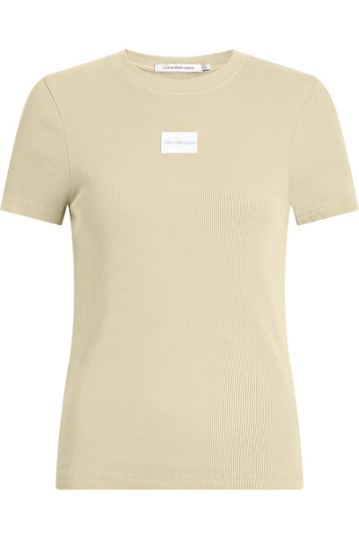 Calvin Klein تي شيرت نسائي من كالفن كلاين بأكمام قصيرة وشعار مضلع بلون كاكي فاتح