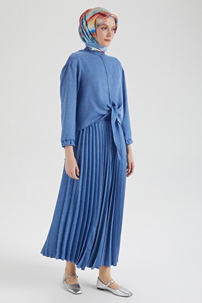 Armine TREND Armi̇ne Trend Pleated Skirt with Elastic Sleeves and Ribbon Detail at the Waist Double Suit-Blue 25Yt656