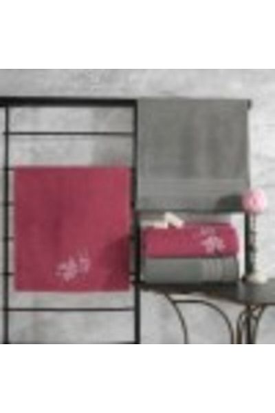 Cotton Box Gift set of 4 100% cotton towels with embroidery, Colorful Grey/Pink