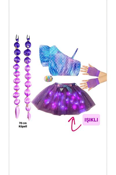 3b kids Mermaid Lighted Skirt Bustier Mermaid Ballerina Shoes Purple Bubble Hair Purple Gloves Set Party
