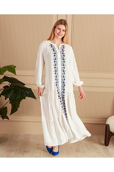 EL jadida Γυναικείο Κεντημένο Κουμπωτό Μακρύ Φόρεμα Βισκόζης Plus Size Λευκό Σακάκι