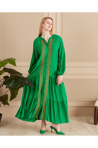 EL jadida Women's Embroidered Buttoned Plus Size Viscose Long Dress Green