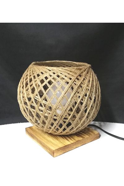 TEKAY AYDINLATMA Jute Thread Knitted Head Lamp with Wooden Base Lamp Including 9 W.Bulb