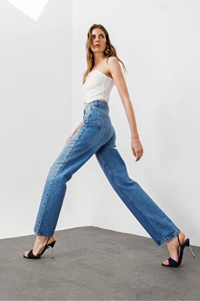 pieces of melon Mavi Yüksek Bel Straight Kalıp Jean