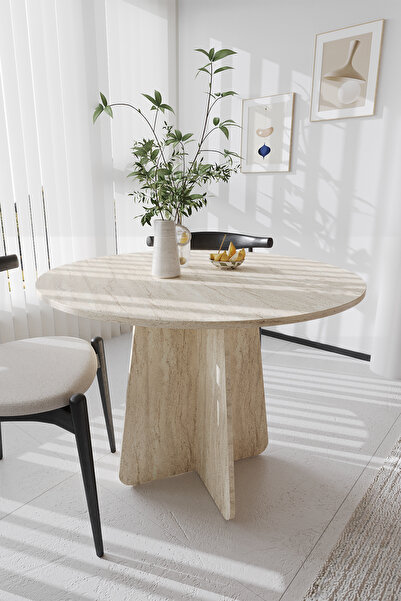 OBİ Atölye BOO Mutfak Masası 100 cm Yuvarlak İskandinav Stili Yemek Masası - Traverten Görünümlü