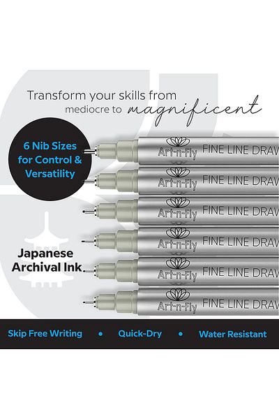 Art-n-Fly Set of 6 Professional Fineliner Pens, black pigment-based ink, waterproof, round tip 0.05-0.8 mm