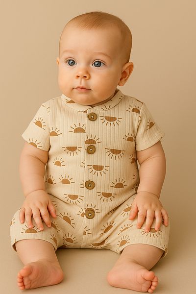 Bubito Short Sleeve Board Button Cotton Summer Jumpsuit-Brown