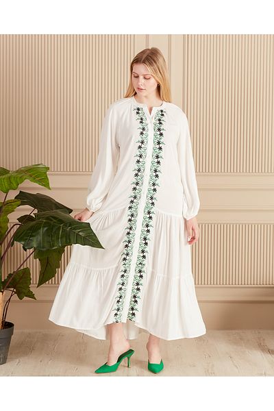EL jadida Women's Embroidered Buttoned Plus Size Viscose Long Dress White Green