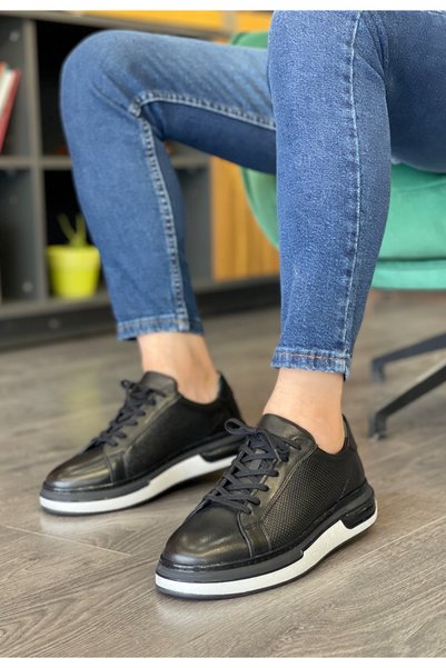 NYZ Black Genuine Leather Imported Sole Lace-Up Sneaker Shoes