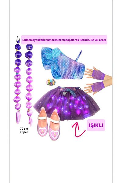 3b kids Mermaid Lighted Skirt Bustier Mermaid Ballerina Shoes Purple Bubble Hair Purple Gloves Set Party