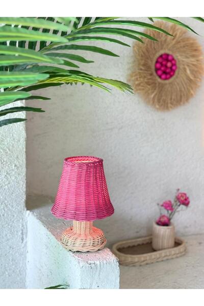 Maison Avf Pembe Rattan & Bambu Masa Üstü Kablosuz Pilli Abajur Alt- Üst Ratt...