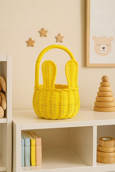 oceanpoint Yellow Rattan Rabbit Ear Basket, Decorative Organizer, Handmade Basket, 15X15X28 cm