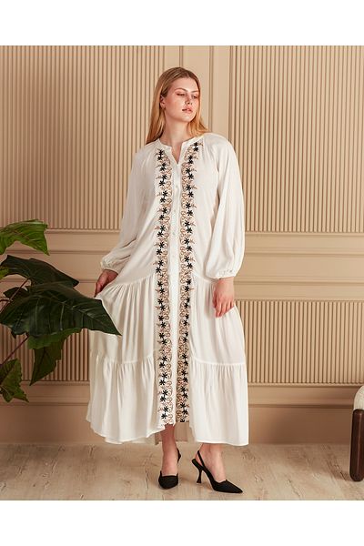 EL jadida Women's Embroidered Buttoned Plus Size Viscose Long Dress White Mink