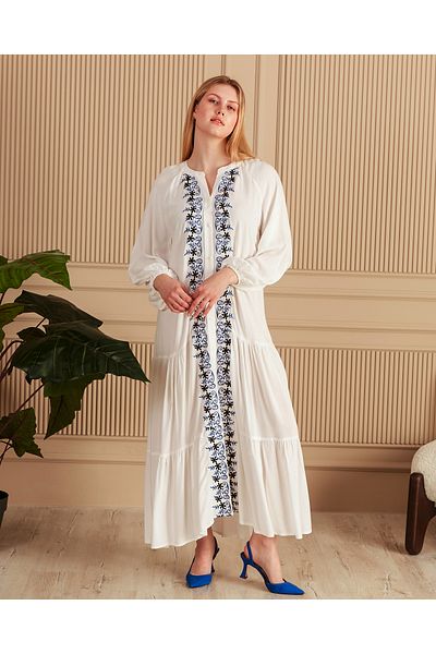 EL jadida Women's Embroidered Buttoned Plus Size Viscose Long Dress White Saks