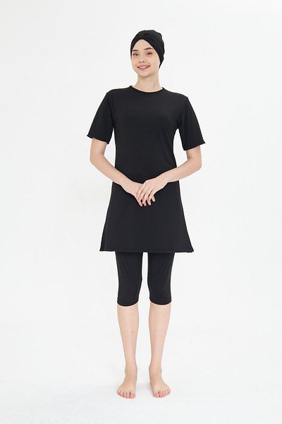 Fantasy Plus Size Short Sleeve Lycra Semi-Covered Hijab Swimsuit Black 3484B-S